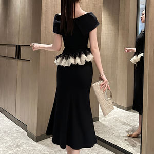 ZYHT 45099 vente en gros coréen dames vêtements vêtements épaules dénudées élégant été longue fête Viscose femmes Flare robes noires - Product Image 2