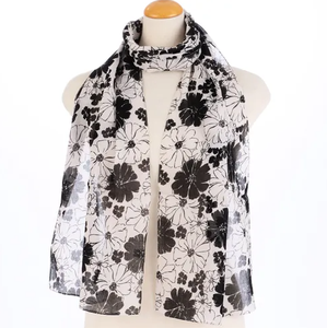 Women's Black & White Floral/Geometric Print Scarf Lightweight Cotton Neck <b>Wrap</b> Soft <b>Shawl</b> for All Seasons - Product Image 2