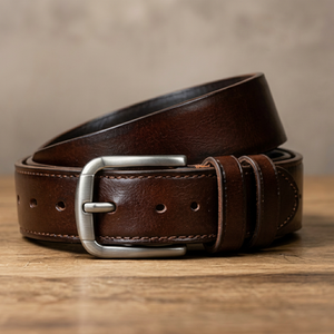 Cinturón de Cuero Genuino Marrón Sólido con Hebilla Rectangular Plateada, Formal, Duradero para Hombre - Product Image 1