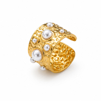 Bague tendance de forme ronde en acier inoxydable plaqué or 18 carats avec décoration en perle pour femme, bijoux imperméables
