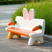 Banc personnalisé en fibre de verre sur le thème du lapin et de la carotte, canapé d'extérieur et siège à dossier de style dessin animé pour enfants pour centre commercial