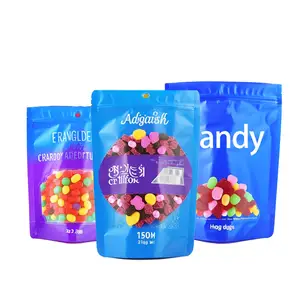 Custom logo printed plastic Reusable candy Edible mylar ziplock packaging food bag stand up pouch with window