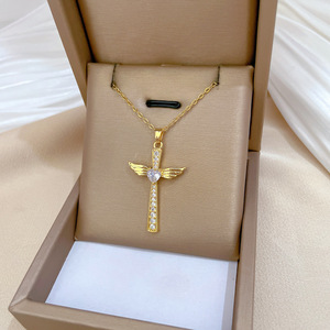 Stainless Steel Chain Copper CZ Zircon Inlay Wing Cross Pendant Necklace Luxurious Elegant Women's <b>Choker</b> Necklace - Product Image 3