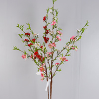 Branche de fleur de pêcher artificielle faite à la main, fleur en soie à longue tige, feuilles vertes en tissu pour la décoration florale de la maison, du vase ou de mariage