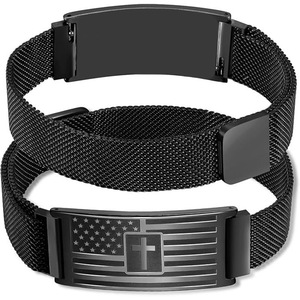 Stainless Steel <b>Couple</b> <b>Bracelet</b> Adjustable <b>Magnetic</b> Mesh Band With American Flag Cross Design Unisex Jewelry Gift - Product Image 4