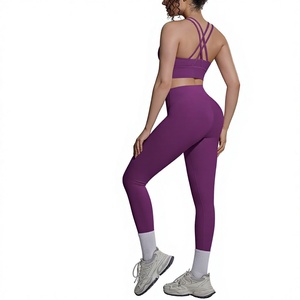 Ensemble 2 pièces de sport moulant en nylon respirant double face, couleur unie, dos croisé, effet seconde peau, pour la course, le fitness et le yoga - Product Image 1