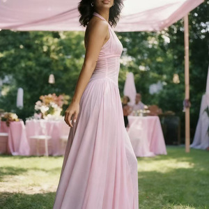 Vestido de noche elegante para mujer, con cuello en V, espalda descubierta, cintura ajustada, color rosa sólido, de poliéster. - Product Image 4