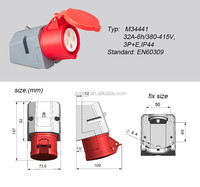ZNPON MP34441 32A Prise mâle femelle industrielle 3 phases, 415V, 4 broches, 3 P + E, prise de montage en surface coudée, IP44, rouge