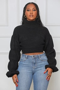 Nouveau <span class=keywords><strong>pull</strong></span> court en maille unie décontracté pour <span class=keywords><strong>femme</strong></span>, avec <span class=keywords><strong>manches</strong></span> lanternes matelassées, idéal printemps, automne, hiver - Product Image 5