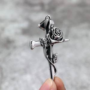 Stainless Steel Rose <b>Cross</b> Pendant For Men And Women Fashion Jewelry Necklace Charm Asymmetry Design Geometric Style - Product Image 1