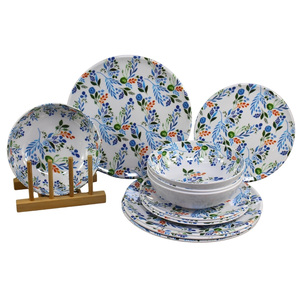 ชุดอาหารเมลามีนลายดอกไม้ฤดูใบไม้ผลิฤดูร้อน 12 ชิ้น จานและชามสีขาว - Product Image 1