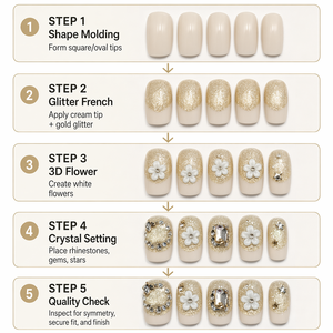 Faux ongles à presser faits main en acrylique avec paillettes et strass, couvrance totale, forme amande, motif floral blanc de luxe, élégants - Product Image 2