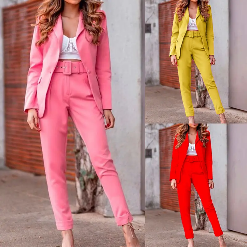 Queda roupas femininas all-match blazer de manga comprida de cintura alta fluorescente cor do terno calças lápis all-jogo das mulheres terno ocasional