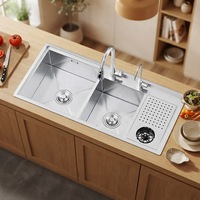 Évier double multifonctionnel fait main MOSHE en acier inoxydable avec lave-tasses, surface satinée purifiante, grande capacité, cuisine moderne 5
