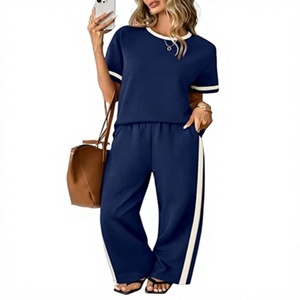 Conjunto de Dos Piezas Azul Marino para Mujer, Top de Manga Corta con Cuello Redondo y Pantalones Largos con Raya Lateral, Estilo Casual Holgado, Tejido de Algodón y Poliéster - Product Image 4