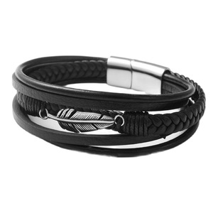 Tibetan Silver Feather <b>Leather</b> <b>Bracelet</b> Black Titanium Steel Woven Round Charm <b>Bracelet</b> Fashion Jewelry - Product Image 1