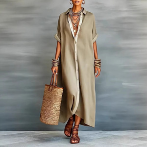 Vestido Camisero de Lino con Bloques de Color para Mujer, Tallas Grandes, Cuello en V, Manga Corta, Midi, Casual, Verano, Dropshipping Shopify - Product Image 3