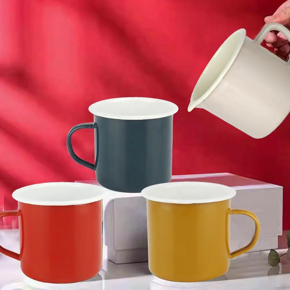 Fabricant BSCI Logo personnalisé gravé Tazas étain métal émaillé tasse en émail pour thé café avec bord roulé