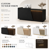 Comptoir de réception moderne avec panneau en lattes de bois, design noir, rétroéclairage LED, pour bureau, salon, logo personnalisé