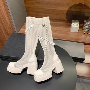 Bottes longues roses ajustées à semelle épaisse pour femmes, sandales en cuir et tulle, collection Printemps/Été 2026, bottes ultra-hautes à talons aiguilles jusqu'au genou - Product Image 5