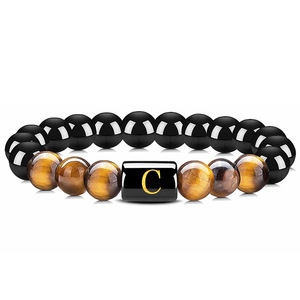 Gelang Manik-manik Mata Harimau & Obsidian Alami A-Z Desain Tali Elastis Bentuk Huruf Perhiasan Pernikahan Modis Pria Wanita - Product Image 6