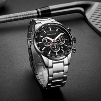 Montre chronographe pour homme, bracelet en acier argenté, cadran noir, tachymètre, affichage de la date, montre de sport et de course