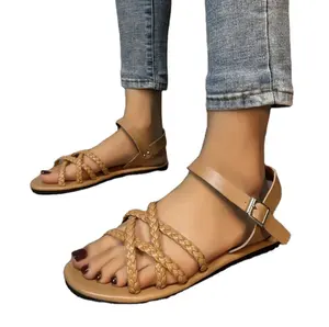 flat woman sandals manufacturer colombian Womens Soft Faux Leather Open Toe and Ankle Strap Buckle Flat Sandals