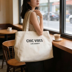 Zippered Canvas Tote <strong>Bag</strong> with Custom Logo Black &amp; White Letters for Men/Women All Seasons Shopping &amp; Daily Use - Product Image 3