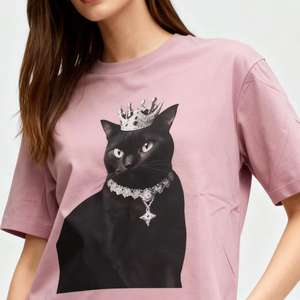 Zeya เสื้อยืดแขนสั้นผู้หญิงผ้าฝ้ายพร้อมมงกุฎแมวดำพิมพ์ลายกราฟิกทรงหลวมลำลอง - Product Image 1
