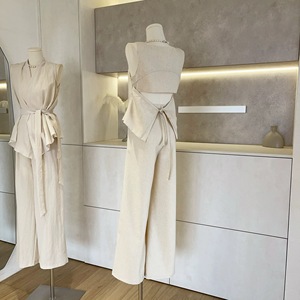Set di <span class=keywords><strong>lino</strong></span> da <span class=keywords><strong>donna</strong></span> senza maniche Crop Top di alta qualità con lacci <span class=keywords><strong>larghi</strong></span> <span class=keywords><strong>pantaloni</strong></span> due pezzi - Product Image 2
