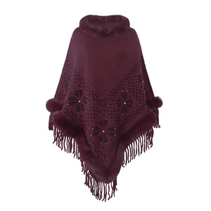Nuovo arrivo transfrontaliero: scialle invernale con collo di pelliccia, orlo con frange di perline e Design accogliente in maglia da donna - Product Image 3