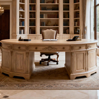 Bureau de direction en bois massif sculpté de style français, couleur bois clair, ovale, avec double armoire incurvée, bureau de président sur mesure.