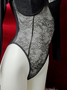 Body de luxe en dentelle ajourée à manches longues, en résille, col montant, lingerie une pièce, vêtements intimes, vêtements de nuit pour femme, taille moyenne - Product Image 4
