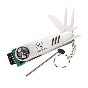 Outil multifonction 7-en-1 en acier inoxydable durable avec logo personnalisé : stylo, porte-clés, brosse de nettoyage pour clubs de golf, outil de fabrication de balles et réparateur de divots - Product Image 1
