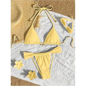 Conjunto de Bikini Halter Personalizado para Mujer, Top Triangular Amarillo, Tanga de Corte Alto, Traje de Baño Elástico de Spandex y Poliéster, Ropa de Playa - Product Image 5