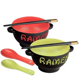 Nordic custom printed japanese style ceramic noodle bowl with chopsticks box kitchen wholesale ceramic ramen bowl set