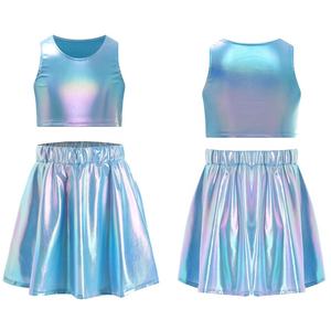 Ensemble de vêtements de danse pour filles, veste métallique en gros, débardeur court avec jupe, danse jazz, cheerleading, fête, danse latine, danse de salon - Product Image 2