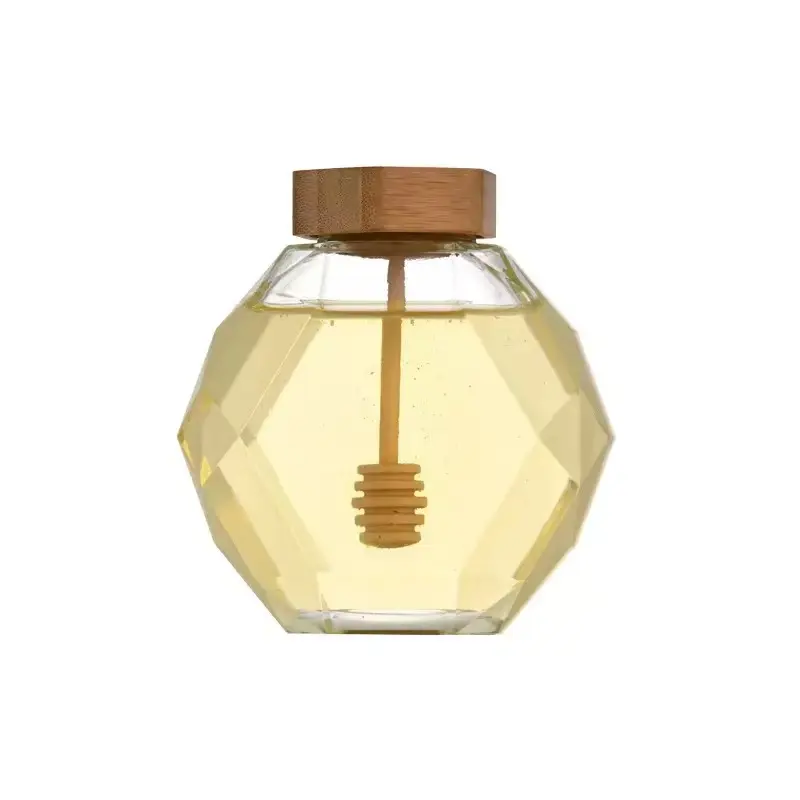Pot en verre de miel de haute qualité, bouteille de miel en verre créatif à six bords avec dipper en bois