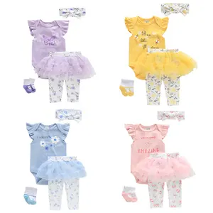 4件/套夏季蕾丝裙短袖纯棉婴儿连衫裤0-1岁甜心套装女婴服装套装