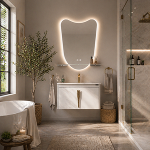 Ensemble <span class=keywords><strong>de</strong></span> meubles <span class=keywords><strong>de</strong></span> salle <span class=keywords><strong>de</strong></span> bain contemporains avec miroir décoratif élégant doté d'un éclairage à fonction mémoire et d'un étagère <span class=keywords><strong>de</strong></span> présentation - Product Image 1