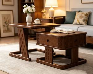 Nesting <b>Walnut</b> Wood <b>Coffee</b> <b>Table</b> Set with Storage Drawers for Living Room - Product Image 5