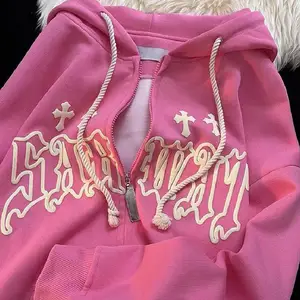 YITE Streetwear graphic pink zip Hoodie Cotton Heavyweight Puff Printing zipper Hoodie Unisex French Terry custom zip up Hoodie