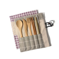 Sac de rangement portable en coton et lin à carreaux pour couverts d'extérieur, couteau, fourchette, cuillère, baguettes, paille, brosse, mariage