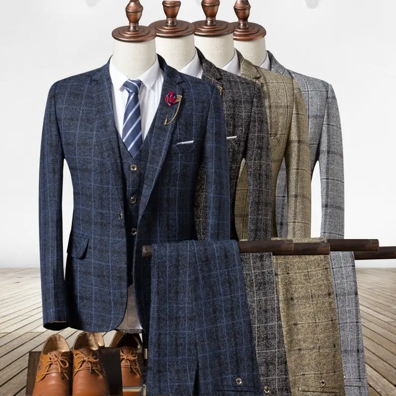 High Quality In Stock Plaid Ready To Ship Mens Suits 3 piece Slim Fit