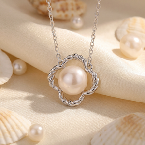 <b>Copper</b> Twisted Rope Clover Frame Freshwater Pearl Pendant Necklace Lucky Floral Minimalist Jewelry for Women - Product Image 4
