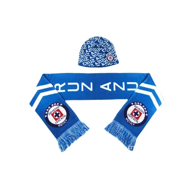 cheap and colorful logo custom knitted football club scarf soccer fan scarf hat sets
