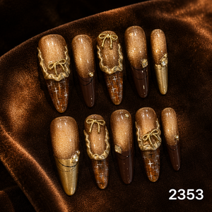 Faux ongles longs en PMMA faits à la main, certifiés CE, 10 pièces, design de luxe dégradé avec nœuds, volants et étoiles, couverture complète, forme cercueil - Product Image 5