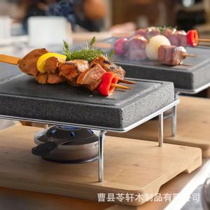 Wooden cheese rock grill steak <b>pan</b> with oval groove and flame-shaped granite slab for Western-style steak. - Product Image 3