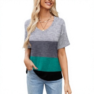 <b>Women's</b> Summer <b>Tops</b> Short Sleeve Casual Shirts Trendy V-Neck Striped Tee Fashionwear 100% Cotton 180 GSM OEM Manufactured - Product Image 5
