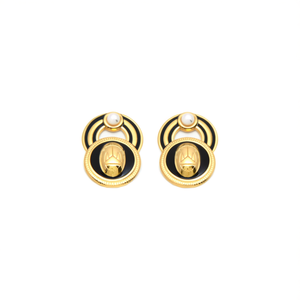 Fashion <b>Stud</b> <b>Earrings</b> 316L Stainless Steel PVD Gold Plating Sustainable Resistant <b>Black</b> Inlay Pearl Accent - Product Image 2